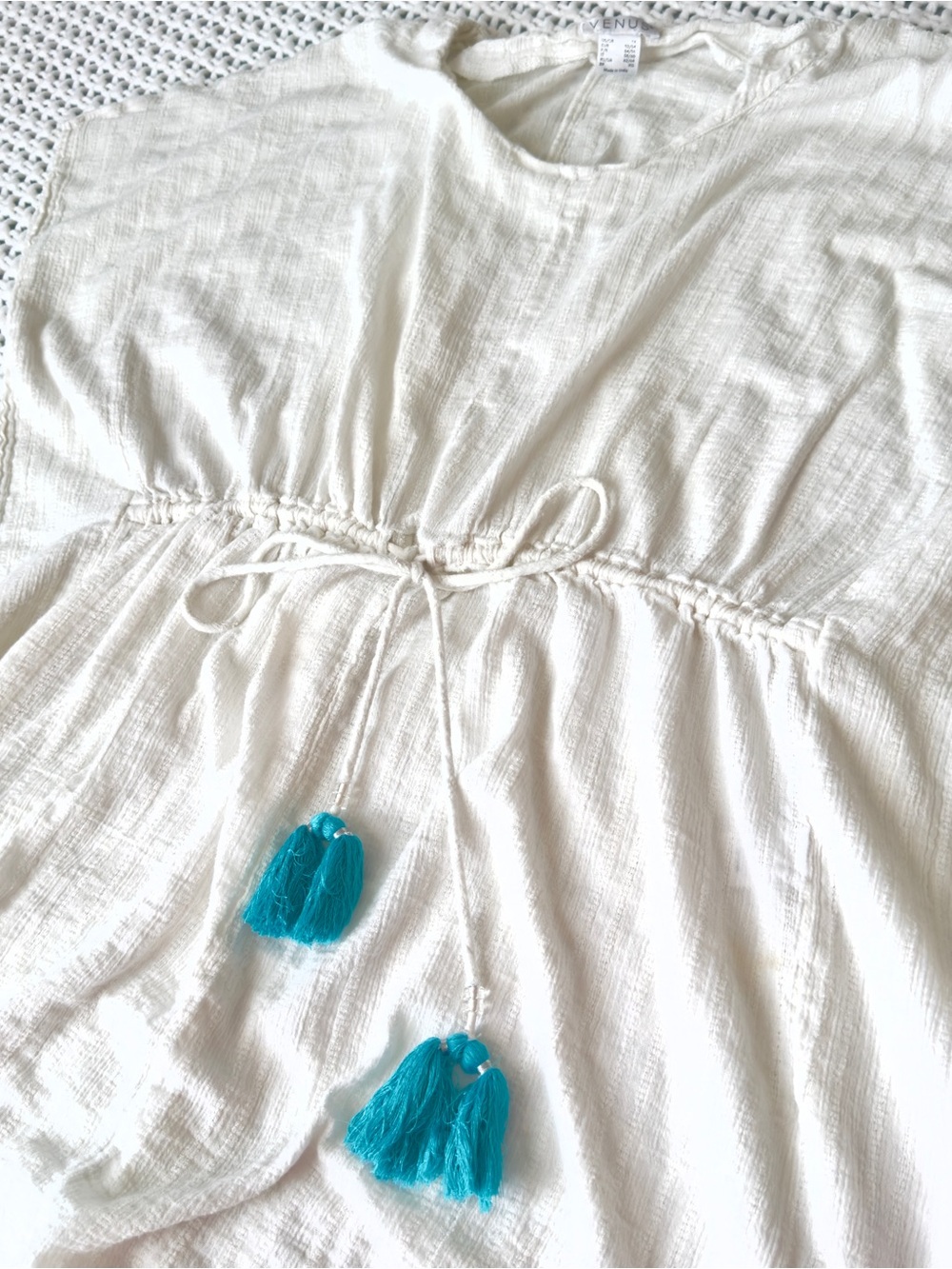 VENUS Drawstring beach cover up with Turquoise Tassels size 1X cotton